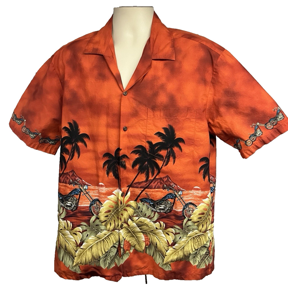 Pacific Legend Floral Orange Hawaiian Button Shirt Large Pocket Motorcycles USA